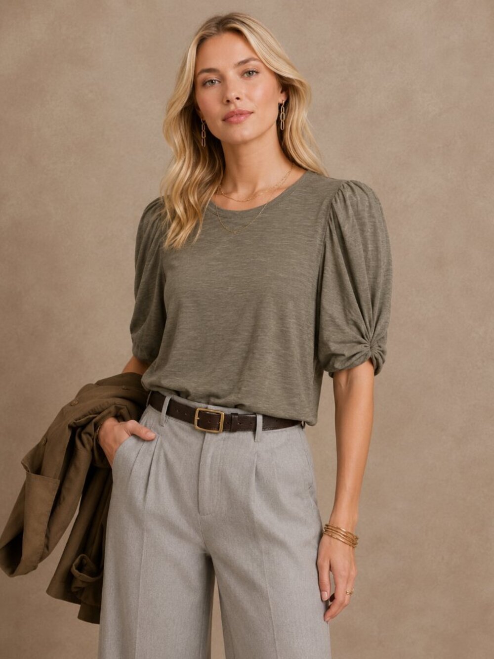 Banana Republic Malibu Mixed Media Twist-Sleeve Slub Top Mushroom Small #A2569